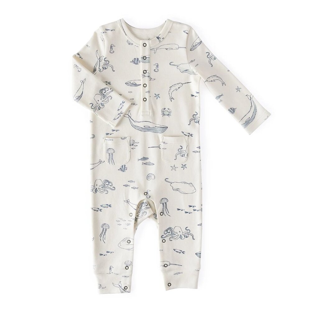 Pehr Henley Patch Pocket Romper - Life Aquatic Pattern (Size 6-12 mo)